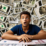 **

A confused-looking person surrounded by tax documents (forms, receipts, etc.) related to property, with a speech bubble containing question marks and Brazilian currency symbols (R$). The overall mood should be overwhelmed and slightly stressed.

**