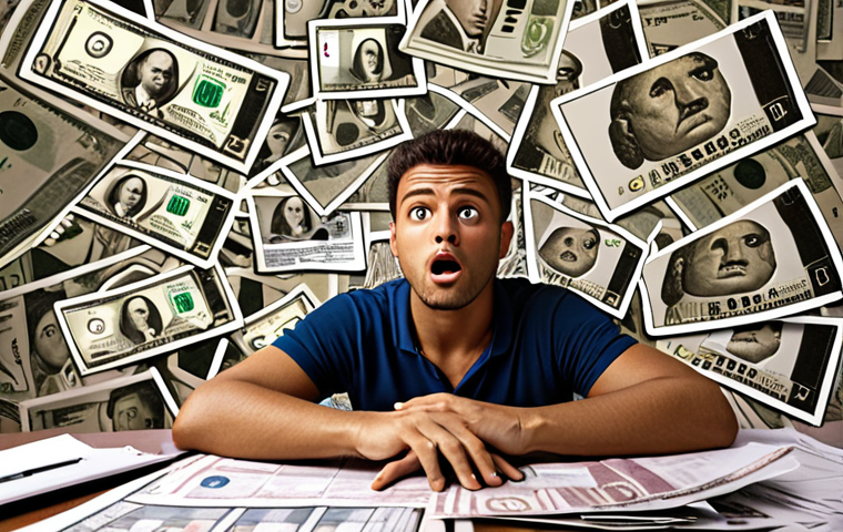 **
A confused-looking person surrounded by tax documents (forms, receipts, etc.) related to property, with a speech bubble containing question marks and Brazilian currency symbols (R$). The overall mood should be overwhelmed and slightly stressed.
**