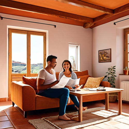 Home 17 **A cozy Portuguese living room. Sunlight streams through energy-efficient windows, highlighting the modern solar panels visible on the terracotta roof outside. A family sits comfortably, reviewing IRS tax documents with smiles, showcasing savings from energy efficiency tax deductions.** *(Focus: Energy Efficiency & Tax Benefits)*
