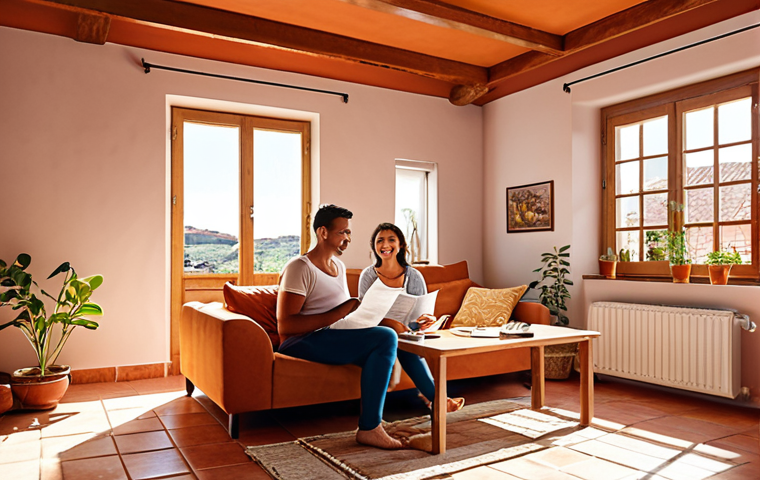 **A cozy Portuguese living room. Sunlight streams through energy-efficient windows, highlighting the modern solar panels visible on the terracotta roof outside. A family sits comfortably, reviewing IRS tax documents with smiles, showcasing savings from energy efficiency tax deductions.** *(Focus: Energy Efficiency & Tax Benefits)*
