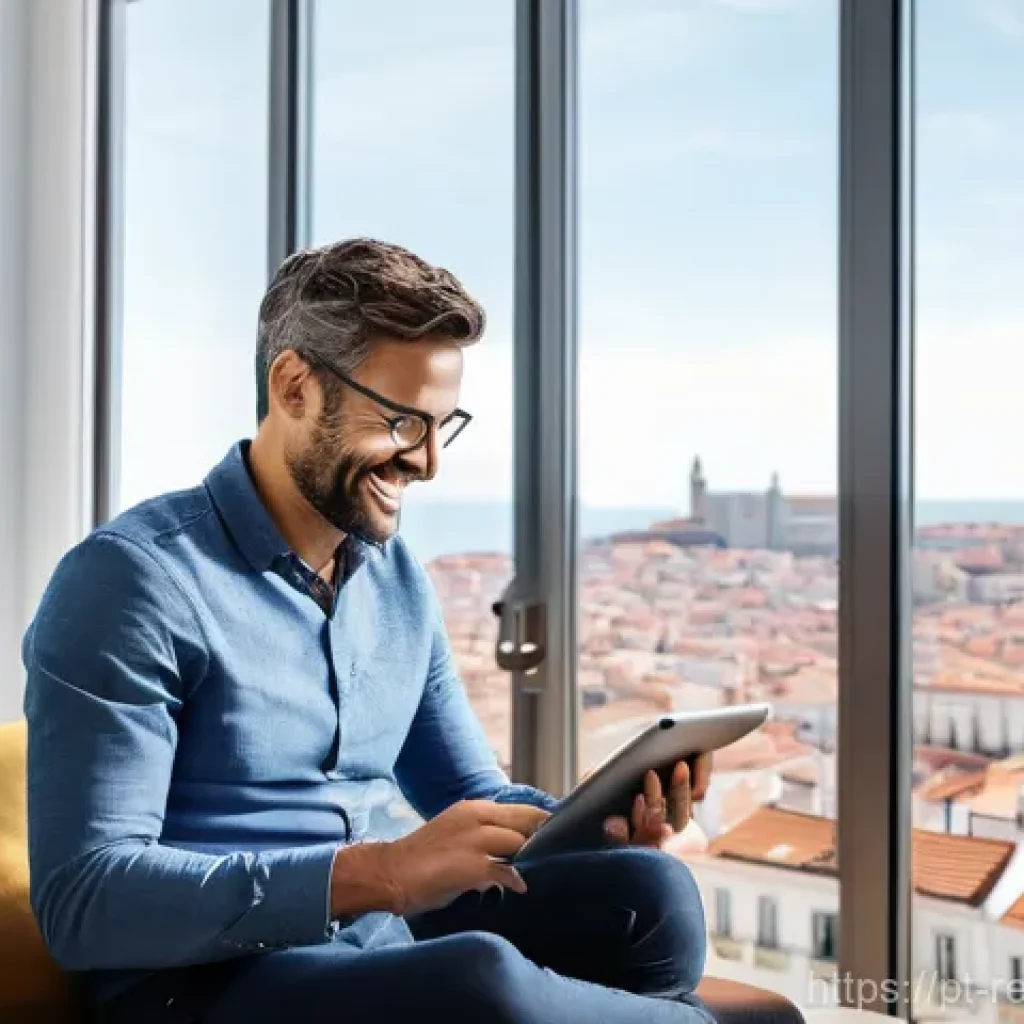 부동산 세금 추적 도구 사용법 - **Prompt:** A Portuguese professional in their late 30s, dressed in smart casual attire, sits comfor...