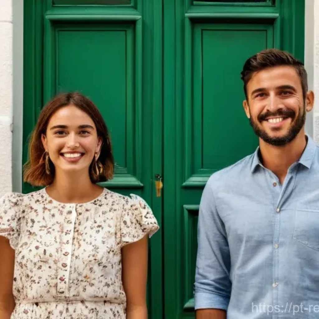 부동산 세금 계획의 실용적 접근법 - **Prompt:** A cheerful young Portuguese couple, aged between 25 and 30, stands proudly in front of t...