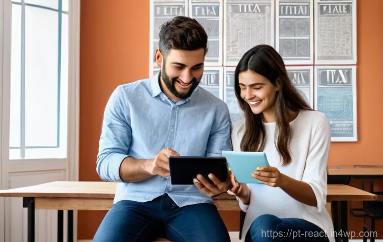 부동산 세금 절세를 위한 투자 포트폴리오 - **Prompt:** A young Portuguese couple, perhaps in their late 20s or early 30s, is seated at a modern...