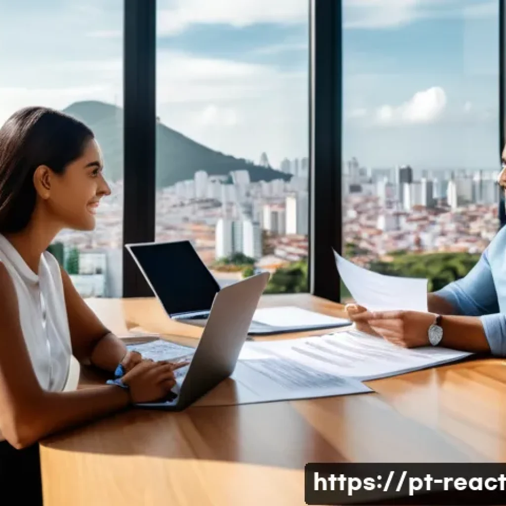 부동산 세금 계획을 위한 체크리스트 - A modern Brazilian real estate office scene showing a diverse couple consulting with a professional ...