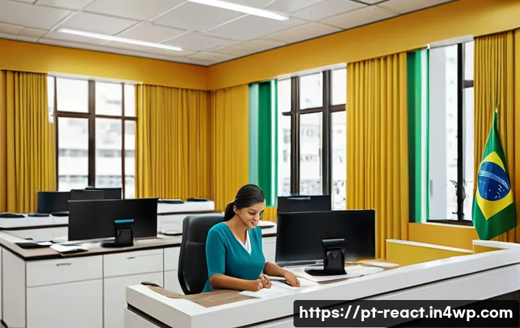 부동산 세금 환급 받는 방법 - A modern Brazilian city hall office interior with a professional clerk assisting a diverse middle-ag...