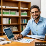 Home 21 부동산 세금 신고를 위한 온라인 리소스 - A modern Brazilian taxpayer sitting at a clean, well-lit home office desk, using a laptop displaying...