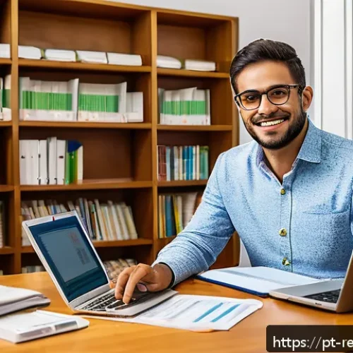 Home 33 부동산 세금 신고를 위한 온라인 리소스 - A modern Brazilian taxpayer sitting at a clean, well-lit home office desk, using a laptop displaying...