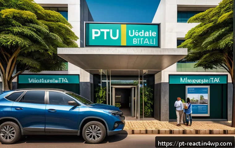부동산 세금 신고 후 관리 방법 - A modern Brazilian urban scene showing a detailed municipal office façade with official banners abou...