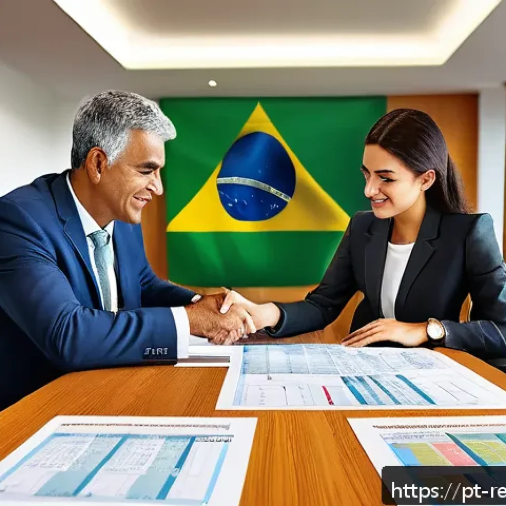 부동산 세금 절세를 위한 필수 지식 - A detailed digital illustration of a Brazilian real estate transaction scene, showing a diverse coup...