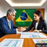 Home 23 부동산 세금 절세를 위한 필수 지식 - A detailed digital illustration of a Brazilian real estate transaction scene, showing a diverse coup...