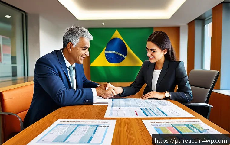 부동산 세금 절세를 위한 필수 지식 - A detailed digital illustration of a Brazilian real estate transaction scene, showing a diverse coup...